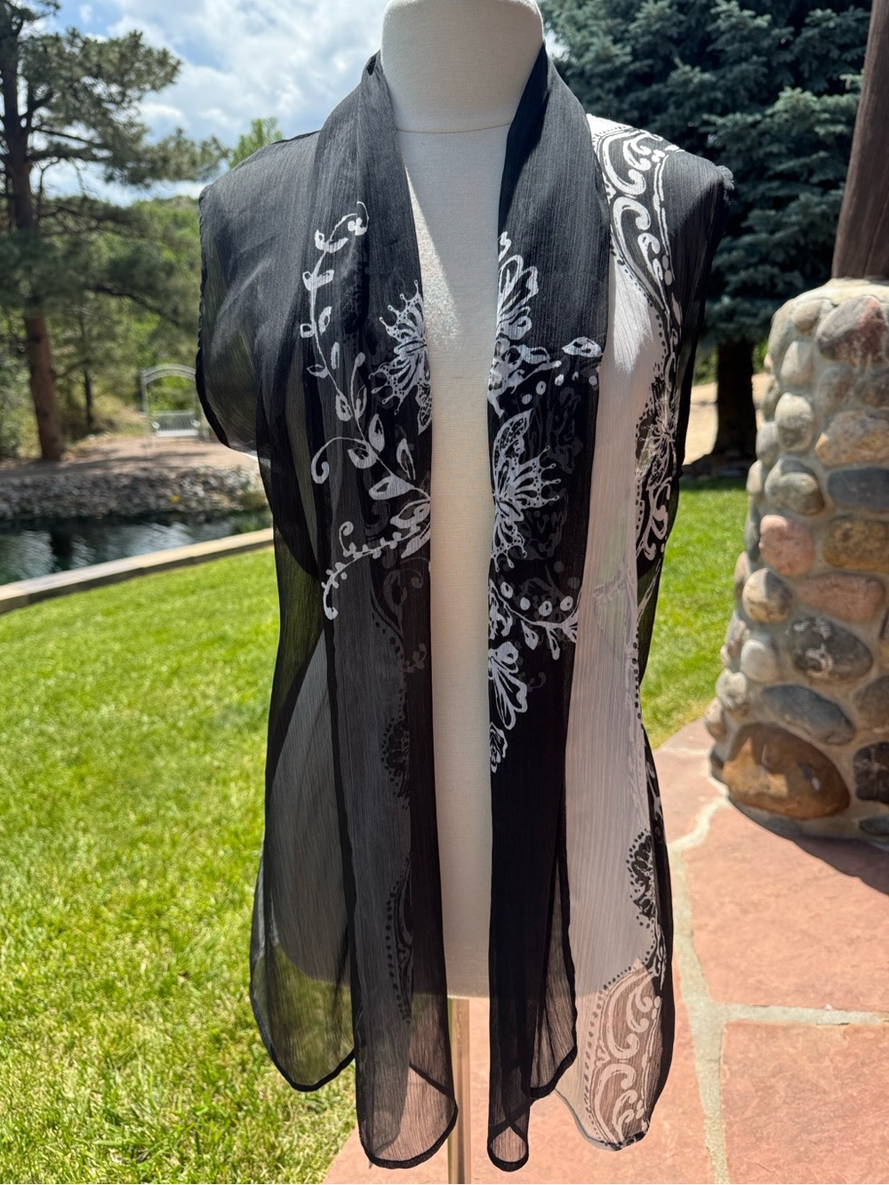 Coldwater Creek Black Sheer Scarf Vest Top with White Floral Print No Size M-XL